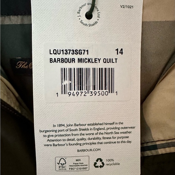 NWTs Barbour Mickley Quilted Jacket. Sage/Ancient. Sz. 10 US (14 UK) - Picture 16 of 16